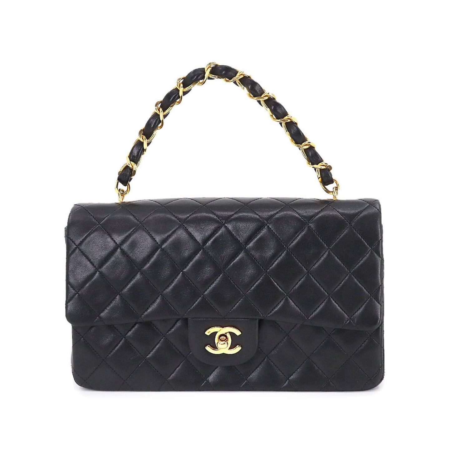 Luxury Chanel Matelasse Chain Hand Bag Leather Black Gold Hardware Vintage