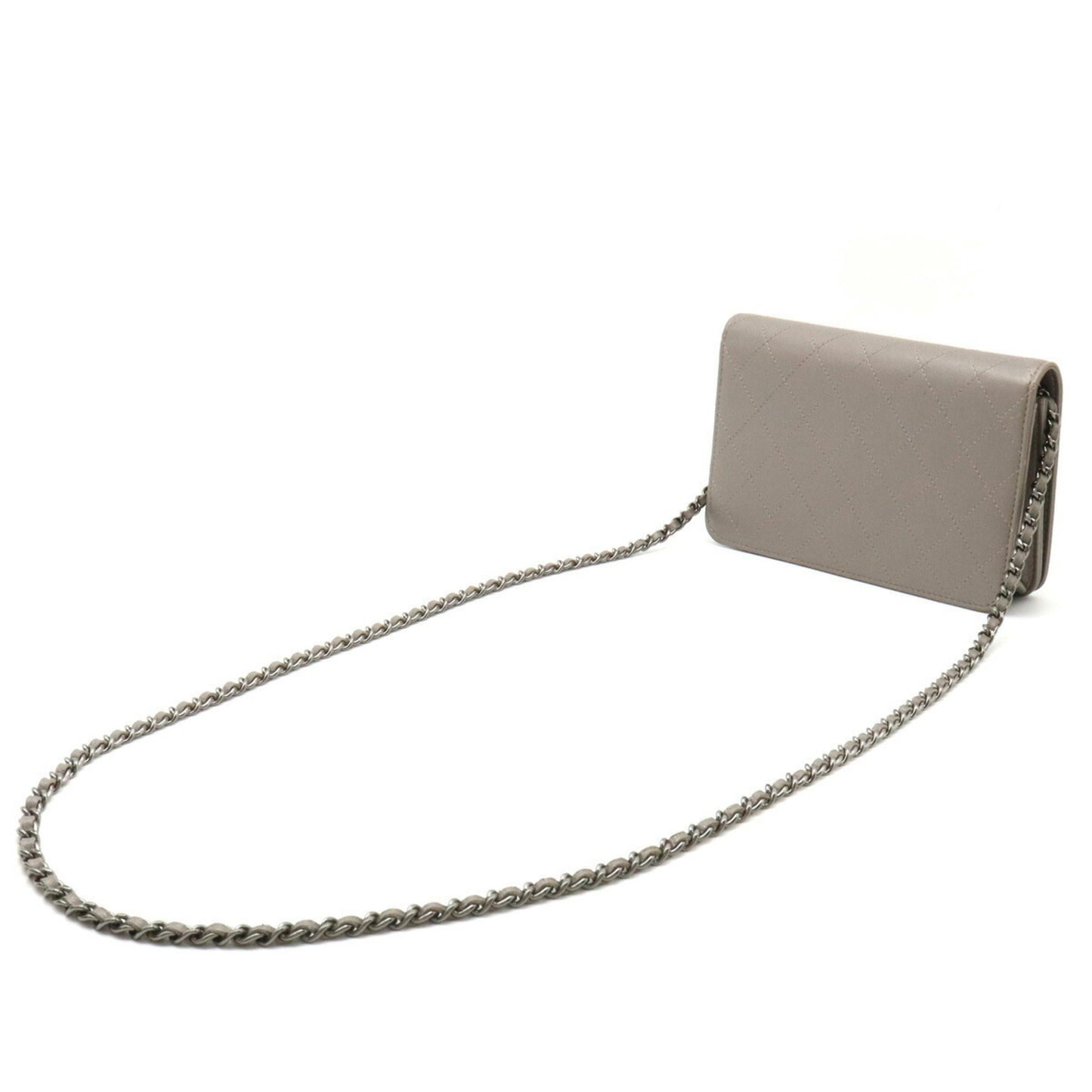 Luxury Chanel Matelasse Coco Mark Chain Shoulder Bag Pochette Metallic Leather Gray