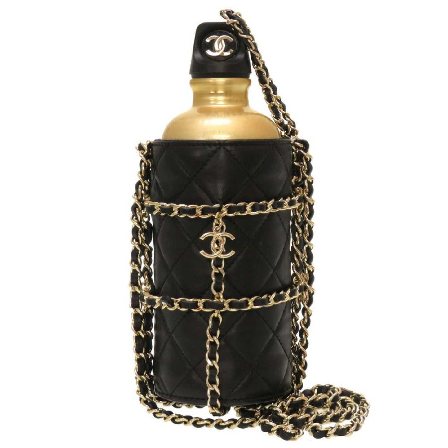 Luxury Chanel Lambskin Black 27th Flask Gold Chain Bottle Holder Matelasse Coco Mark Water Shoulder Bag