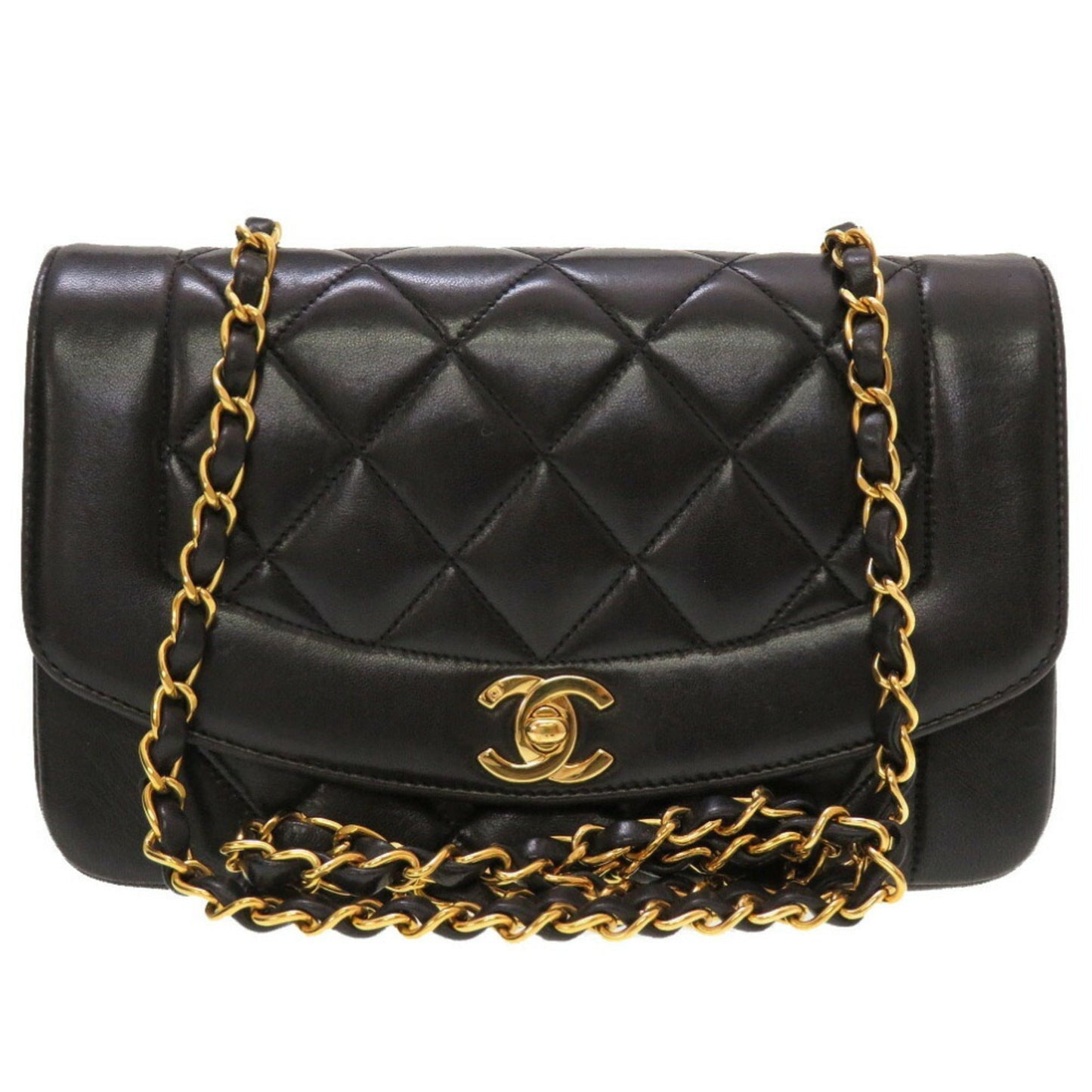 Luxury Chanel Diana 22 Small Matelasse Lambskin Black Gold Chain Shoulder Bag No. 3 Coco Mark Turnlock