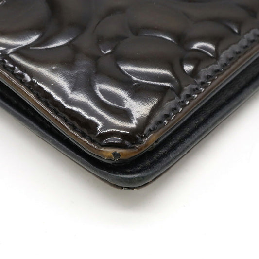 Luxury Chanel Camellia Motif Here Mark Bifold Patent Leather Enamel Black A36544