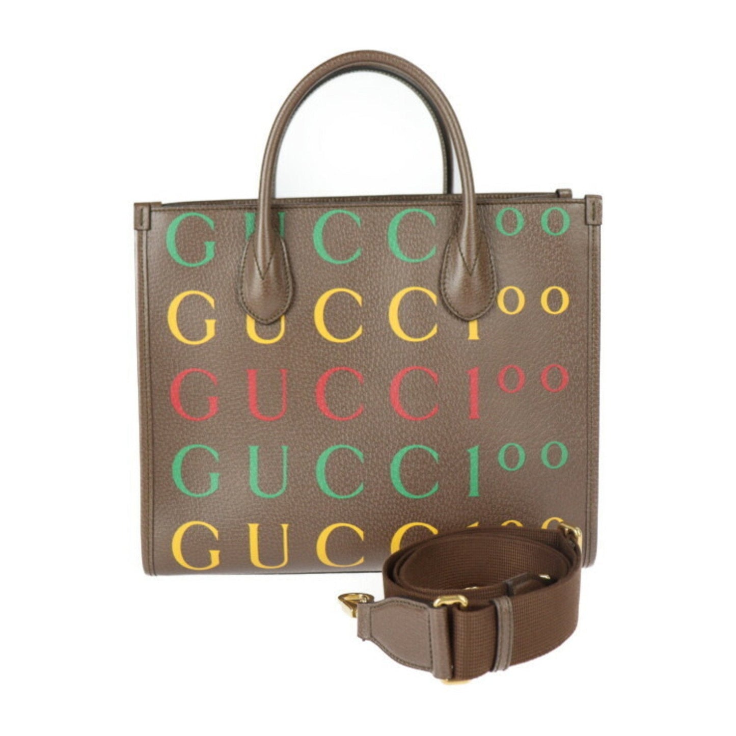 Luxury Gucci 100th Anniversary Tote Bag 680956 Leather Brown Multicolor 2WAY Handbag Shoulder