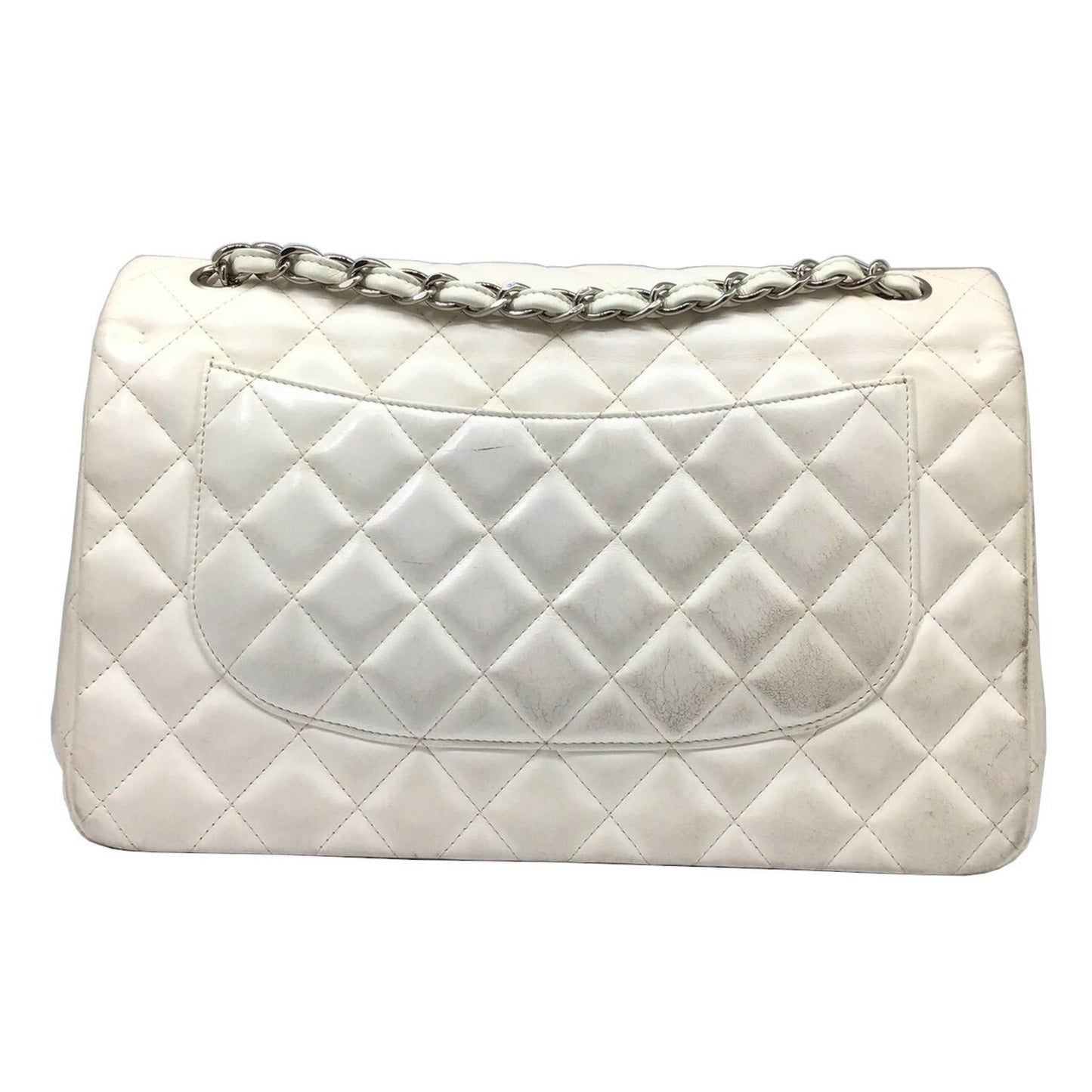 CHANEL Matelasse Deka 30 White Lambskin Silver Hardware Chain Shoulder Double Flap Women's