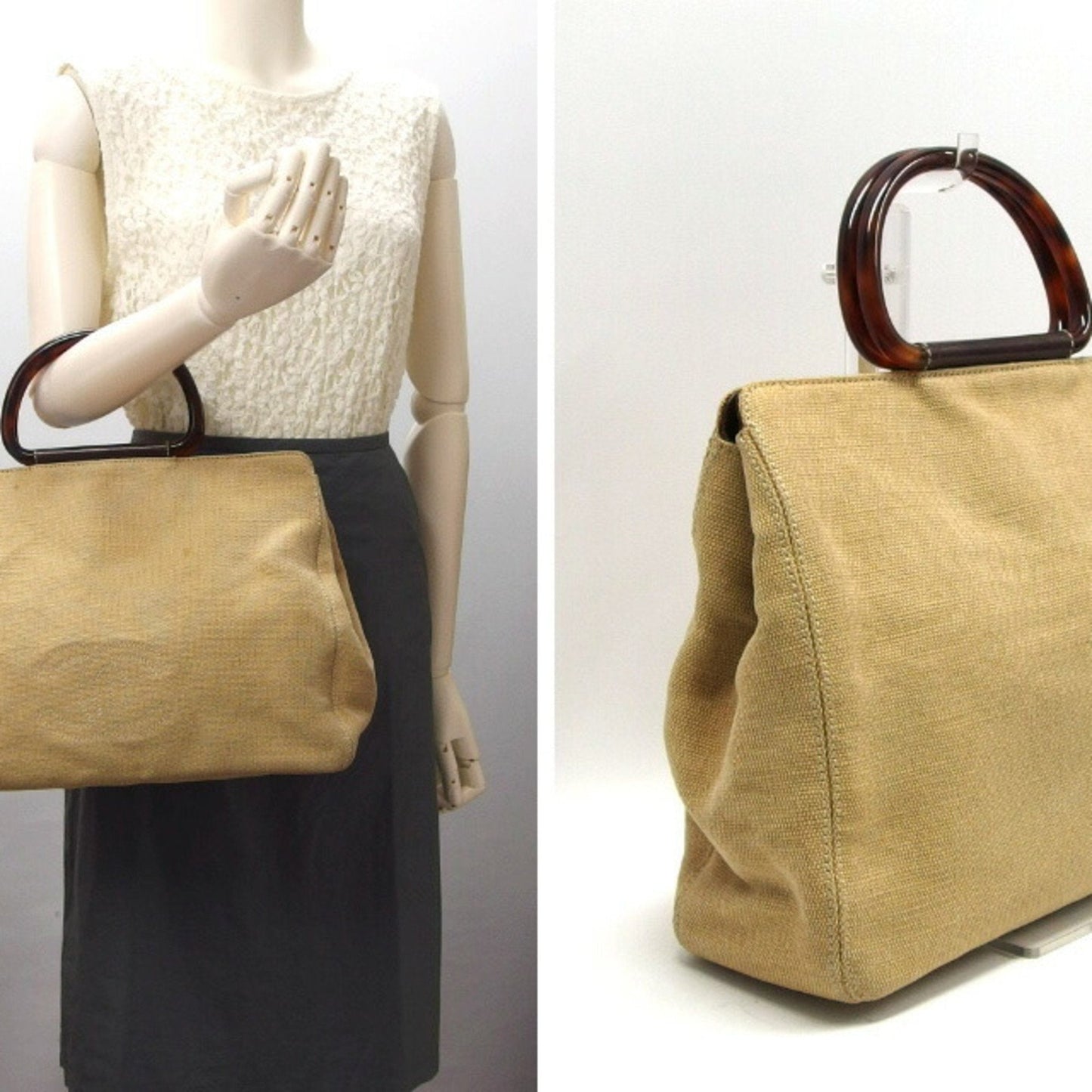 Luxury Chanel Tortoiseshell Handle Canvas Tote Coco Mark Beige