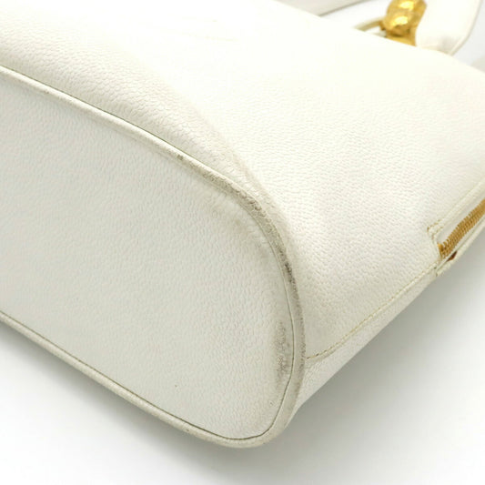 Luxury Chanel Coco Ball Mark Tote Bag Shoulder Caviar Skin Leather White