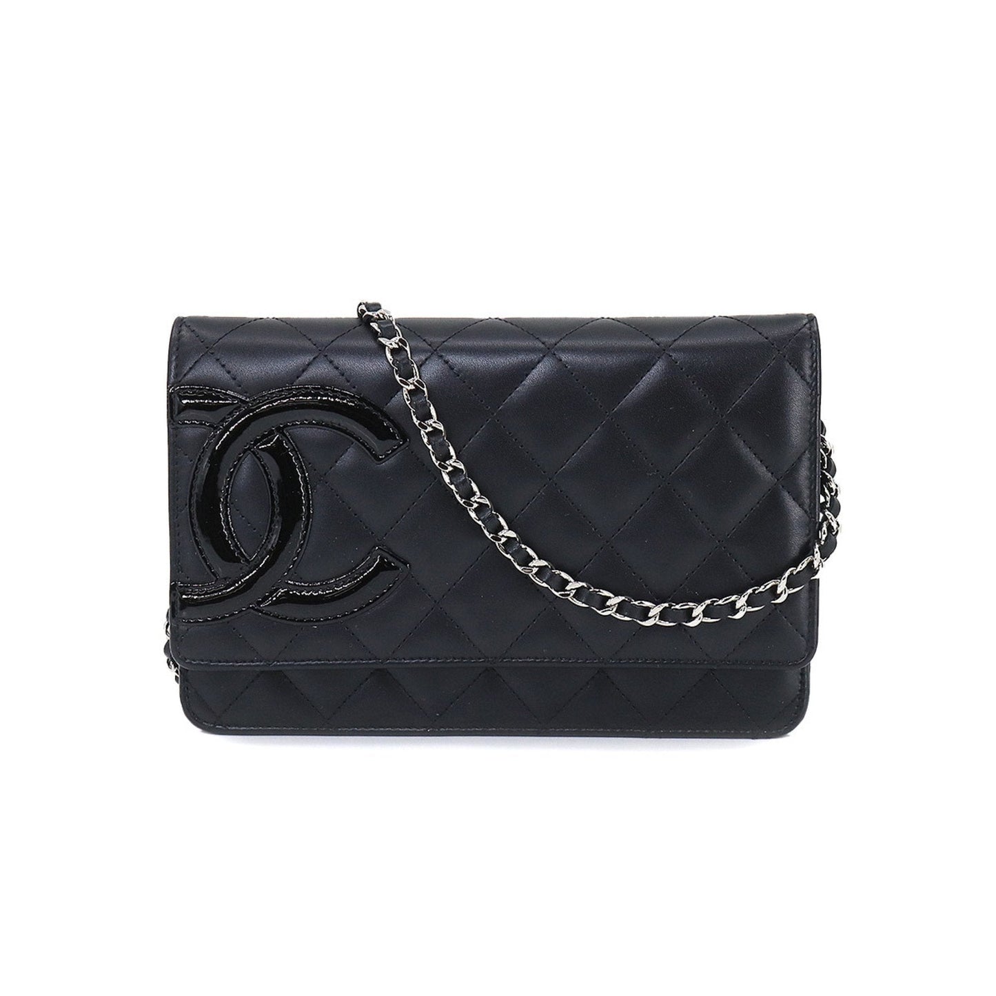 Luxury Chanel cambon line chain wallet folio long leather enamel black A46646 Cambon Line Chain Wallet