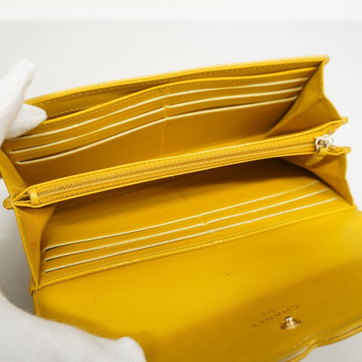 CHANELAuth  CC Filigree Gold Hardware Women's Caviar Leather Long Wallet Yellow