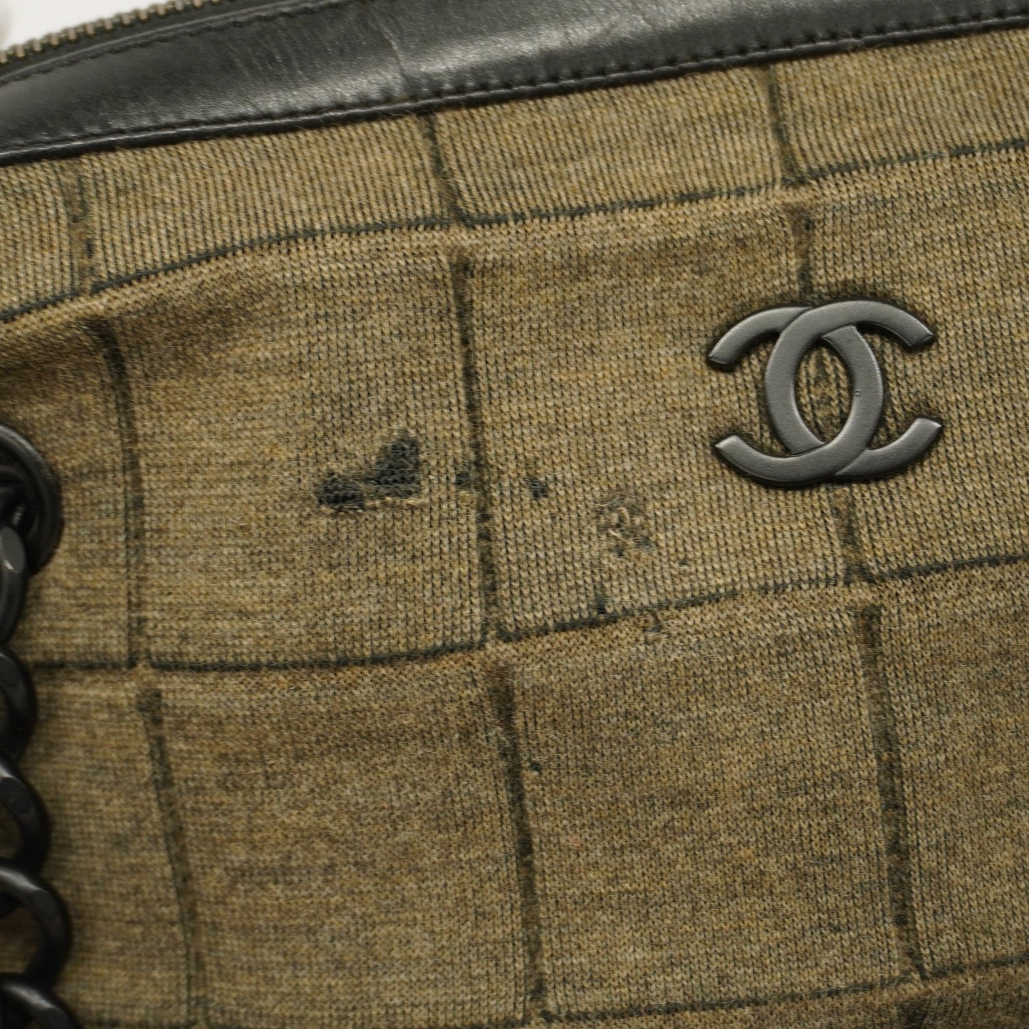 CHANEL  Chocolate Bar Handbag Women's Cotton,Leather Black,Khaki