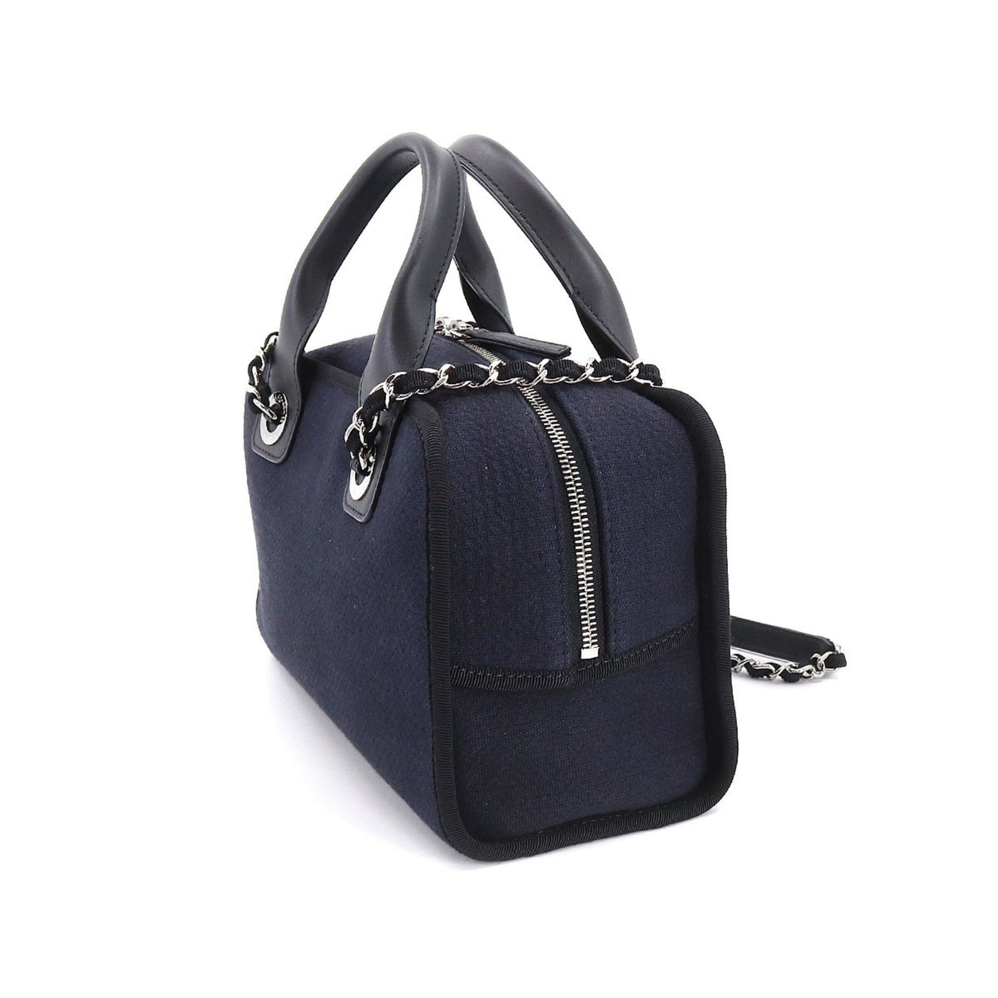 Luxury Chanel Deauville Bowling 2way Hand Chain Shoulder Bag Canvas Leather Navy A92749