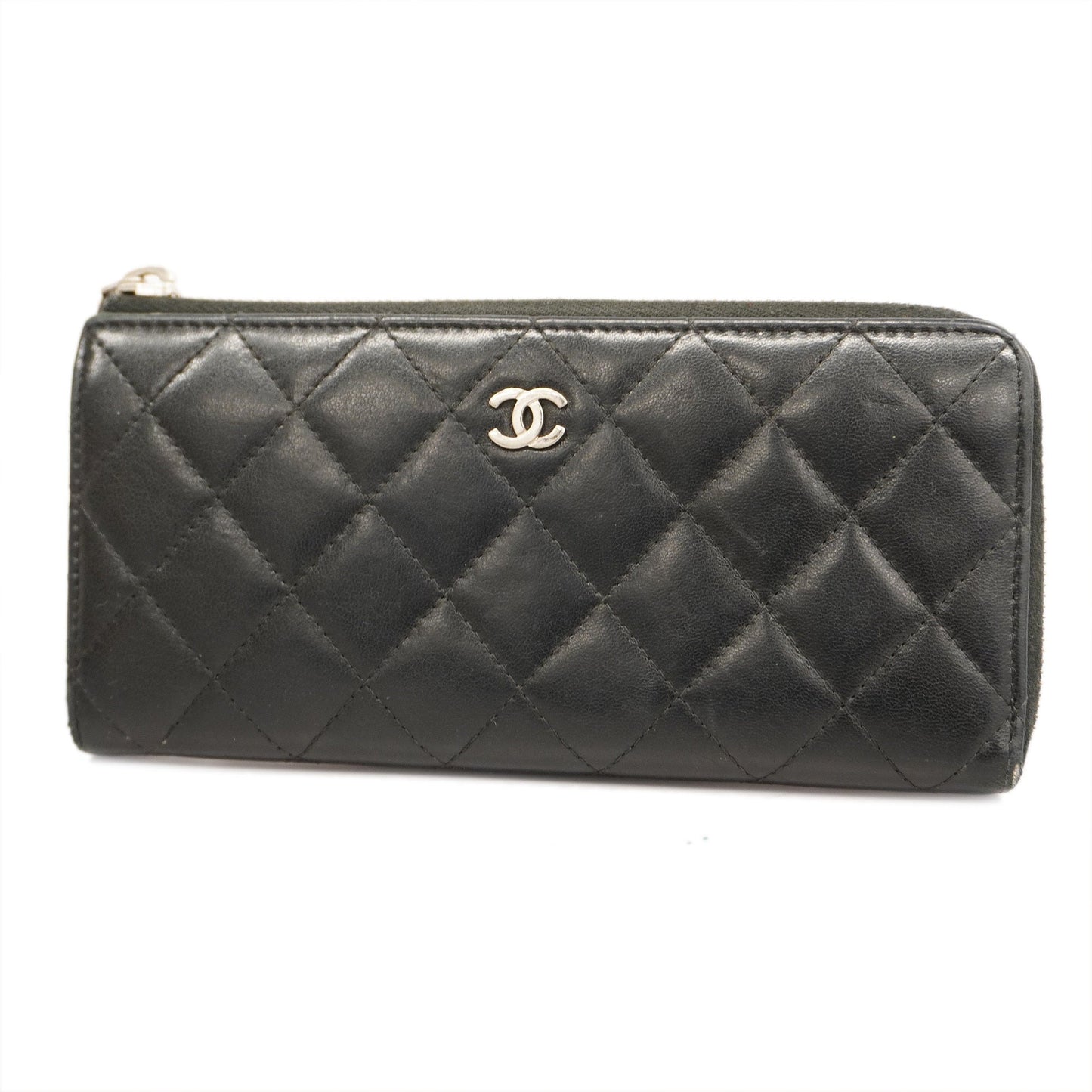 CHANEL  Matelasse Long Wallet Silver Metal Fittings Women's Lambskin Black
