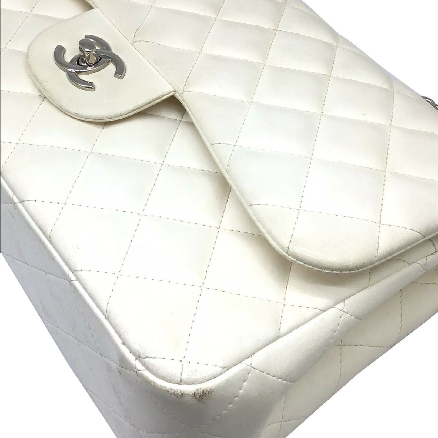 CHANEL Matelasse Deka 30 White Lambskin Silver Hardware Chain Shoulder Double Flap Women's