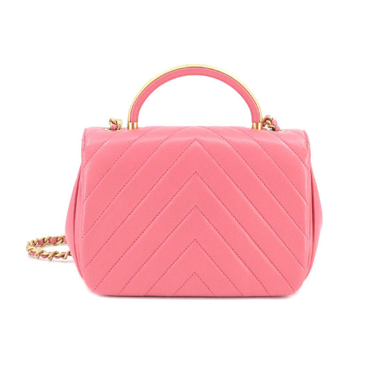 Luxury Chanel Chevron V Stitch Top Handle 2way Hand Shoulder Bag Leather Pink