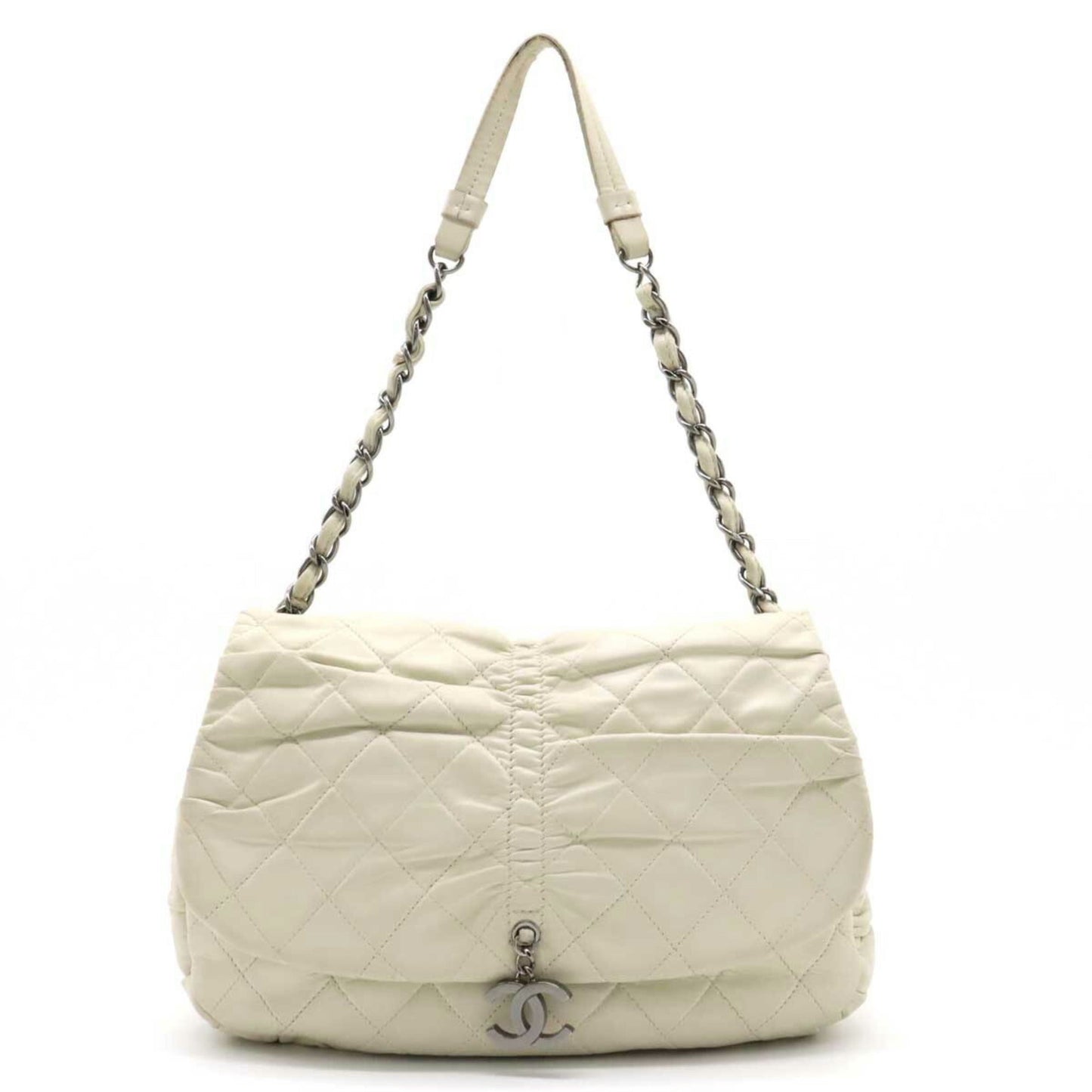 Luxury Chanel Matelasse Coco Mark Half Moon Shoulder Bag Chain Leather Ivory