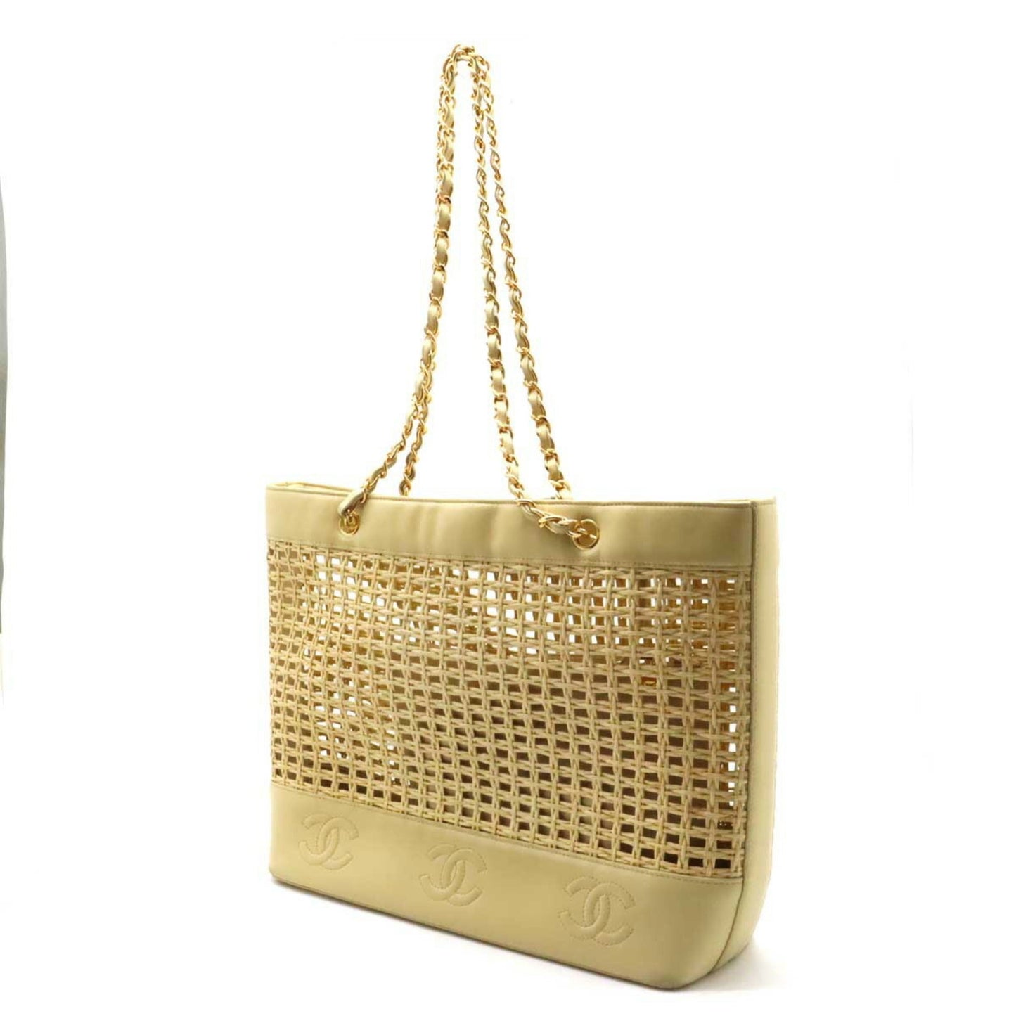 Luxury Chanel Tote Bag Shoulder Chain Basket Straw Leather Beige Natural