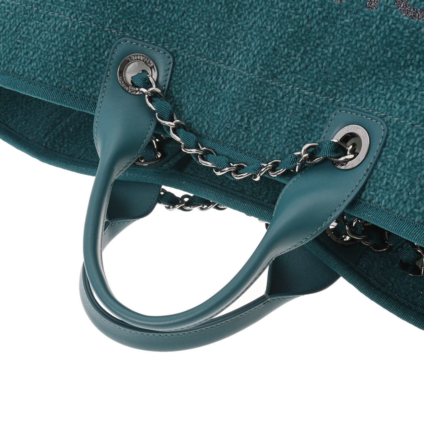 Luxury Chanel Deauville GM Blue Green Ladies Straw Leather Bag