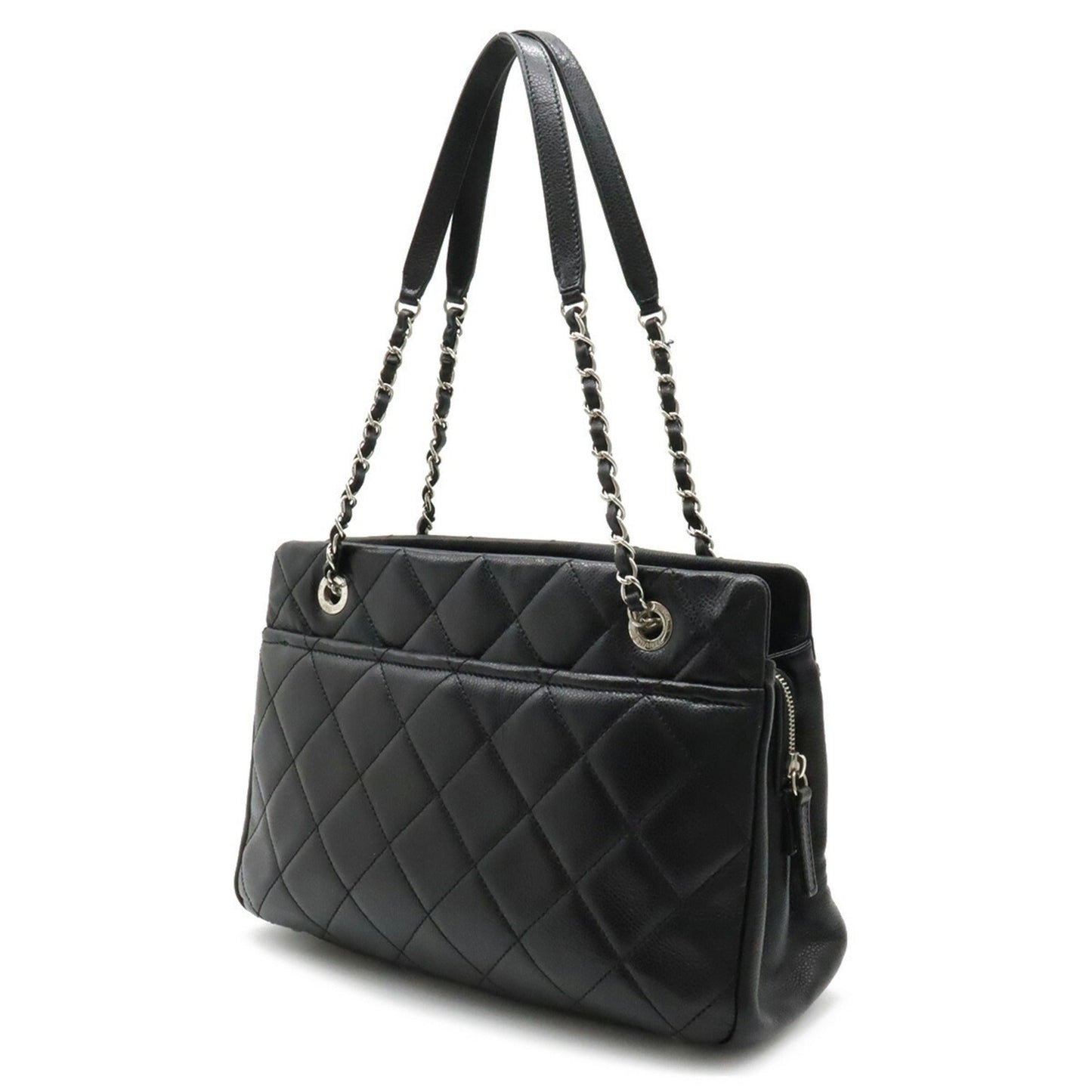 Luxury Chanel Matelasse Coco Mark Chain Tote Bag Shoulder Caviar Skin Leather Black A67294