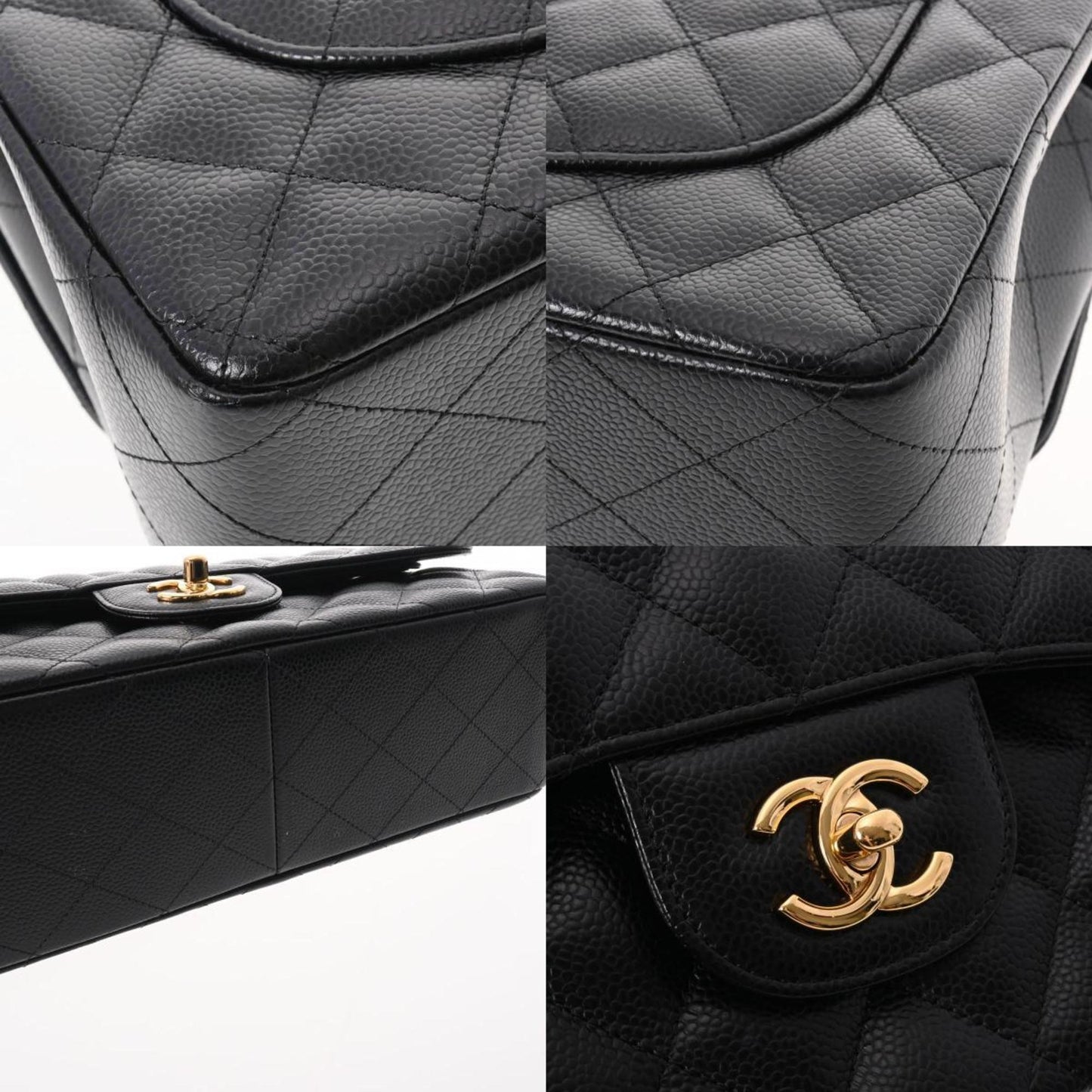 CHANEL matelasse chain shoulder W flap 30cm black ladies caviar skin bag