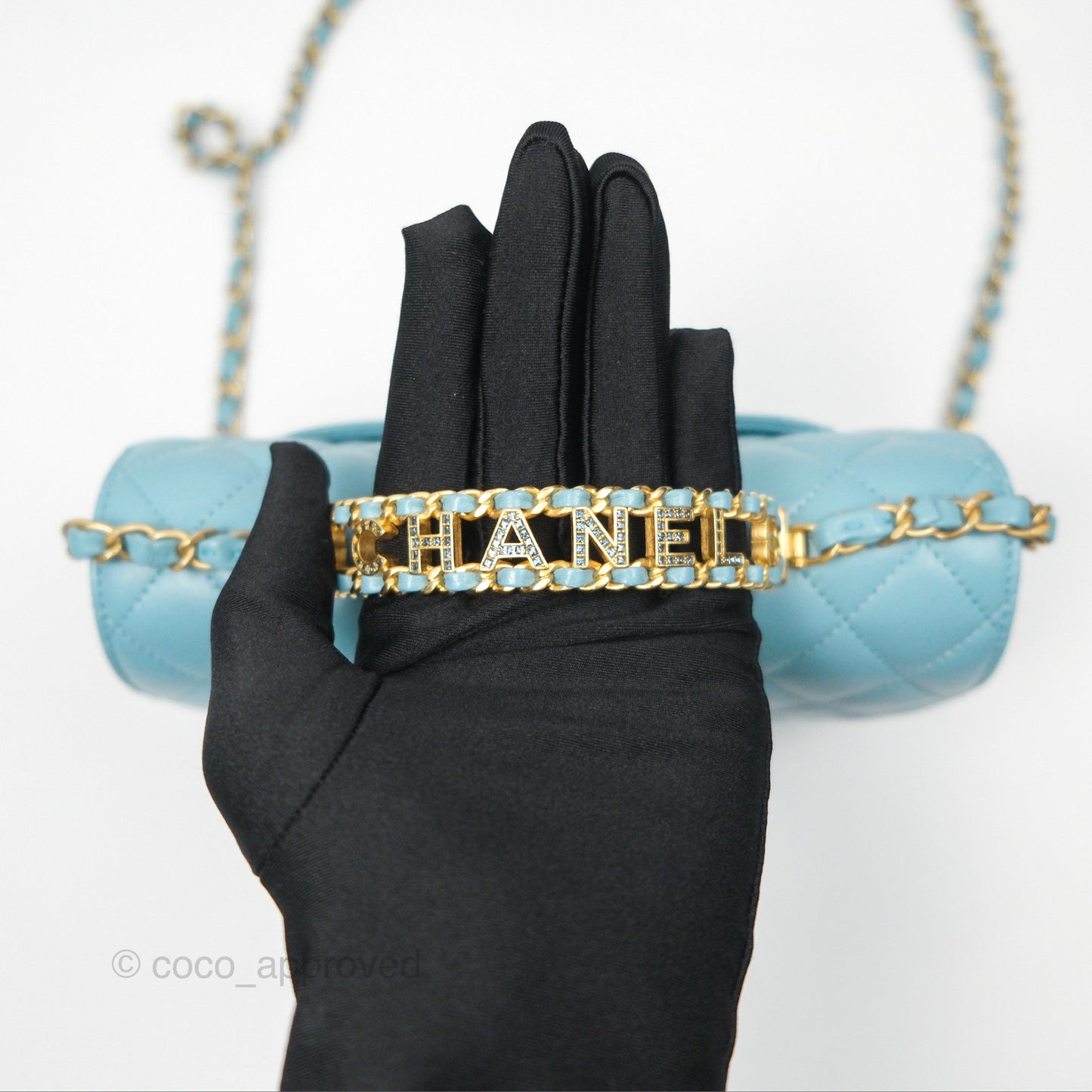 Chanel Flap Bag with Crystal Logo Top Handle Tiffany Blue Lambskin Aged Gold Hardware