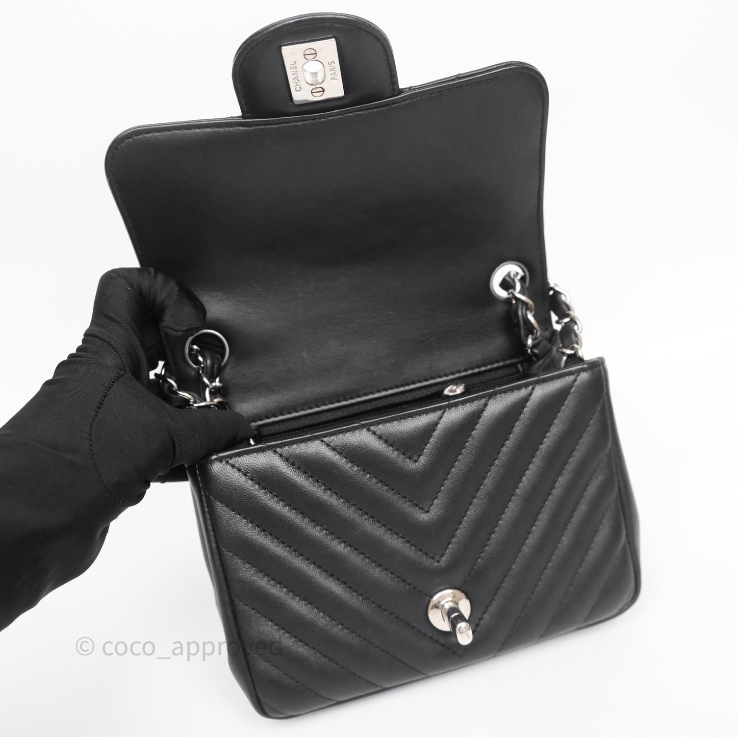 Chanel Mini Square Black Lambskin Chervon Bag Silver Hardware