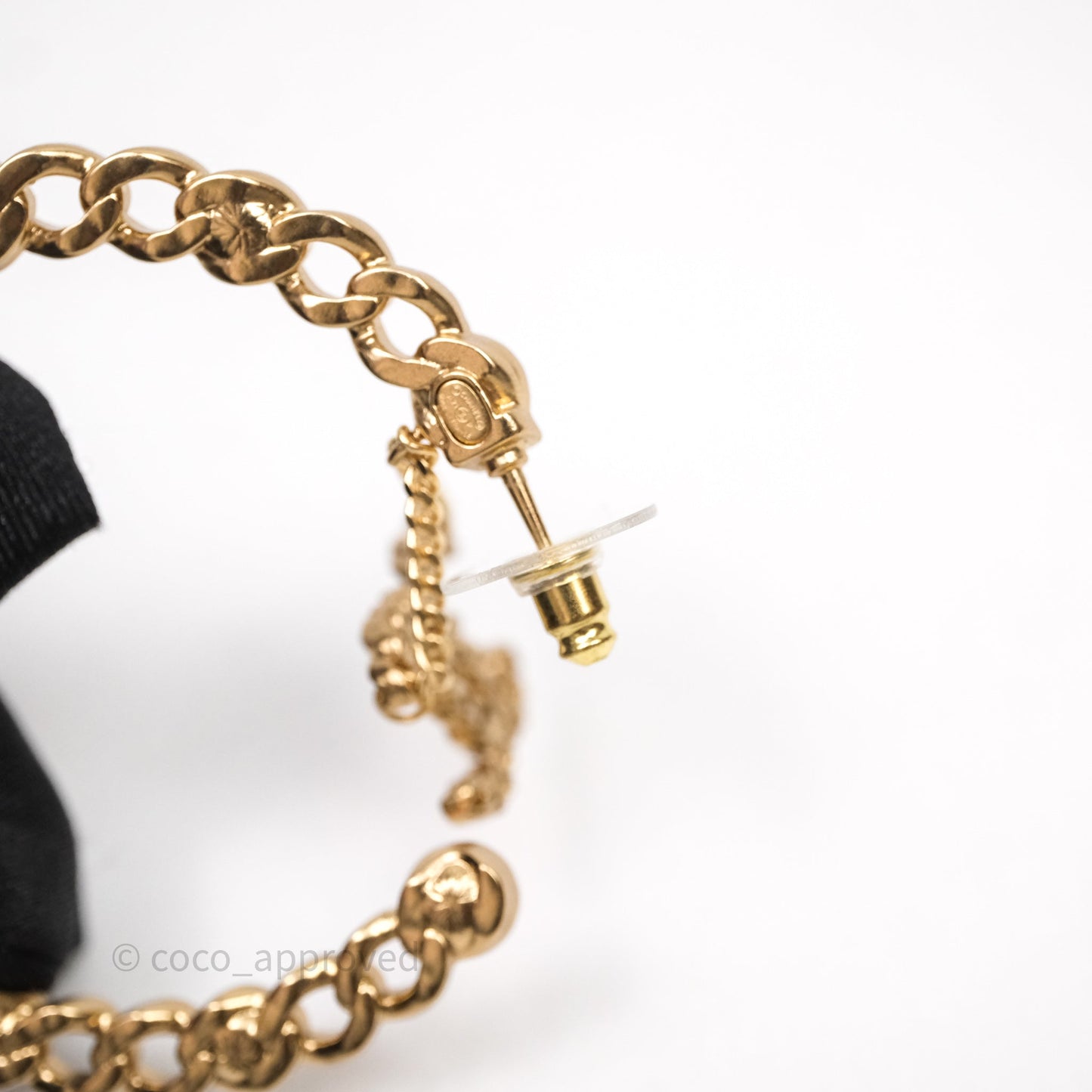 Chanel CC Pearl Crystal Hoop Earrings Gold Tone 21P