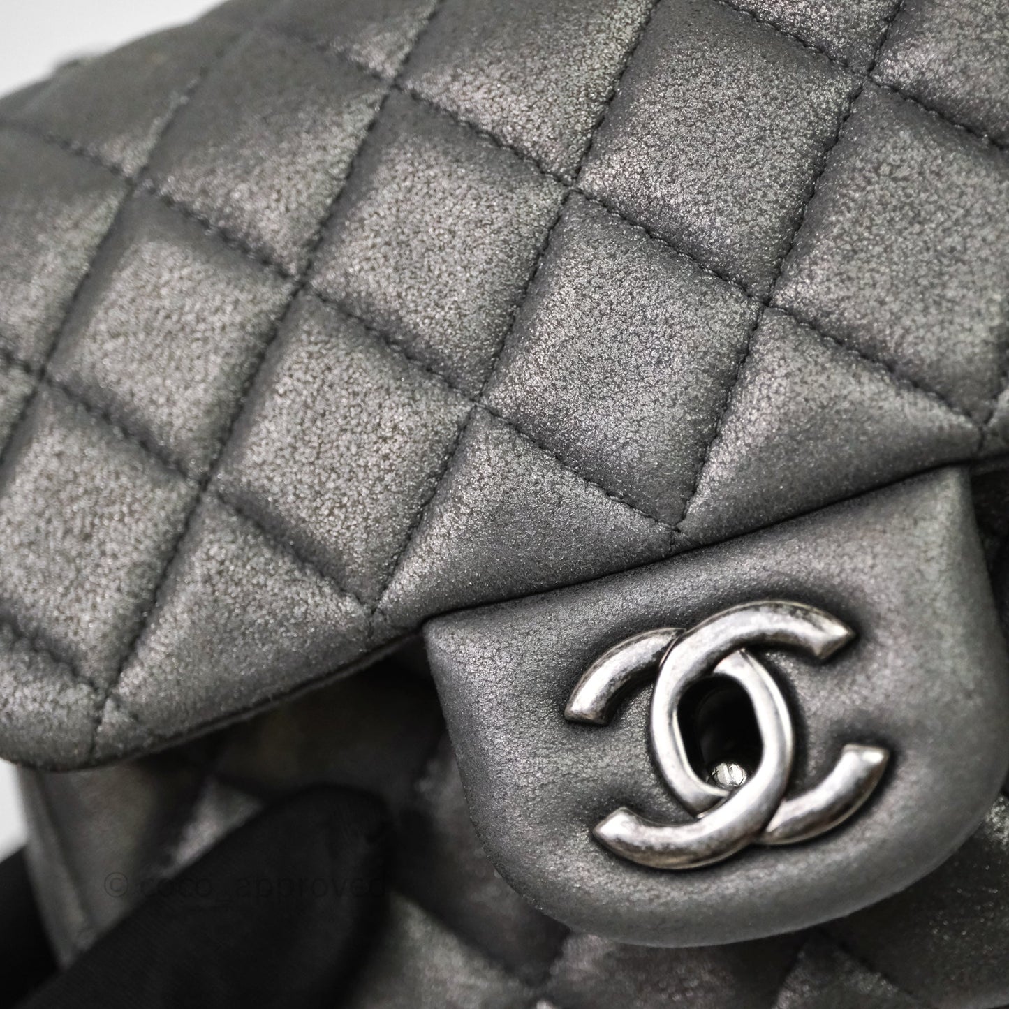 Chanel Mini Square Iridescent Grey Suede Gun Metal Hardware
