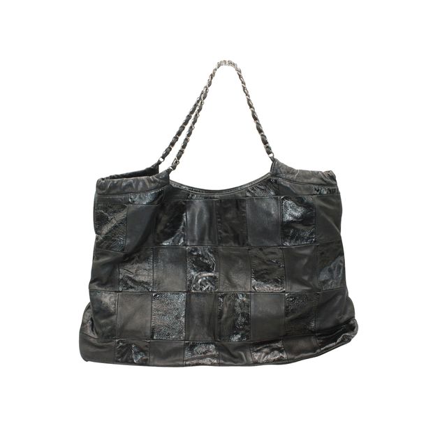 Luxury Chanel Black Leather Patchwork Tote With Silver Tone Chain 2013-2014