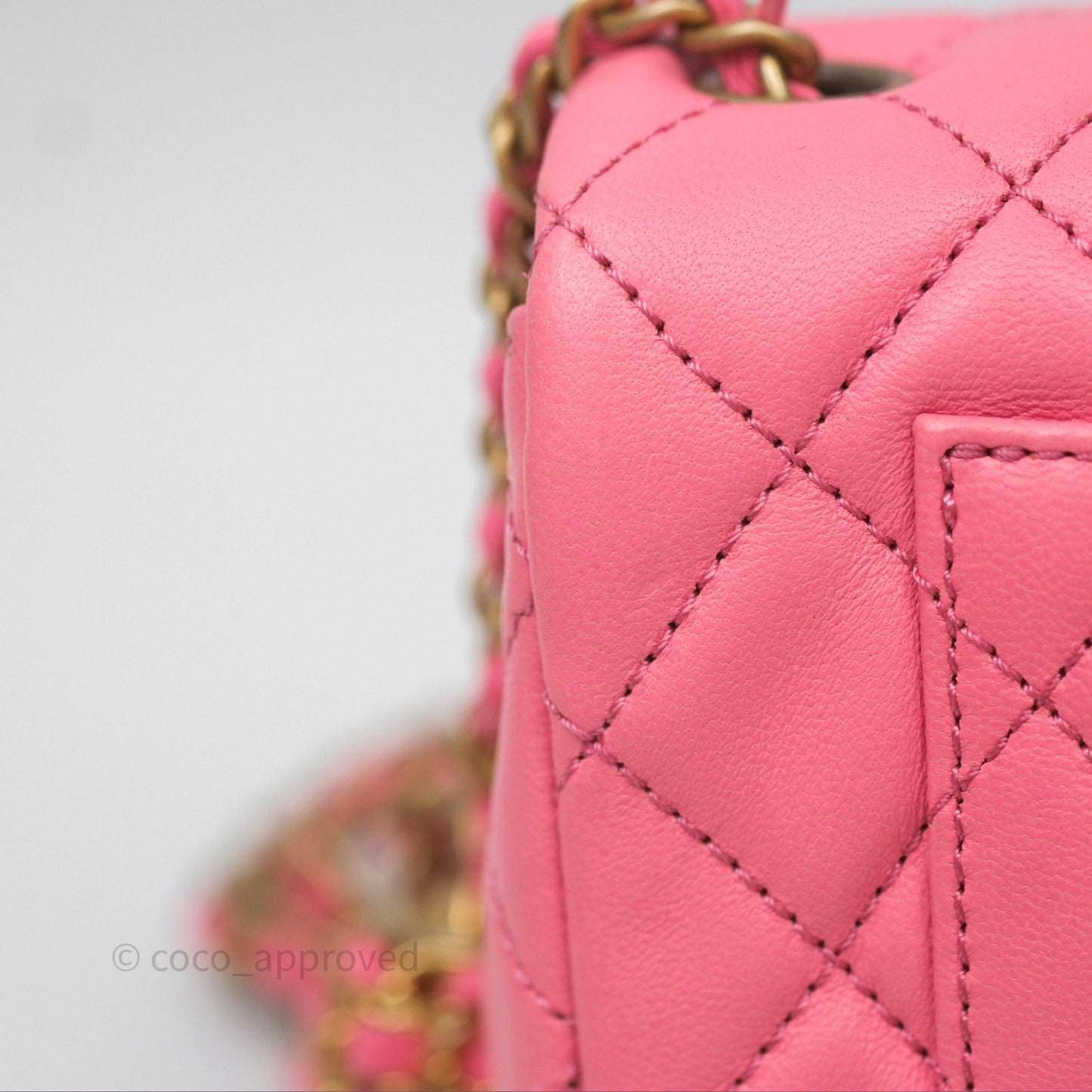 Chanel Mini Rectangular Pearl Crush Quilted Pink Lambskin Aged Gold Hardware