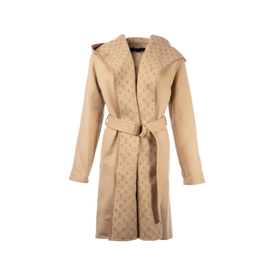 Louis Vuitton size 34 signature double face hooded wrap coat wool beige