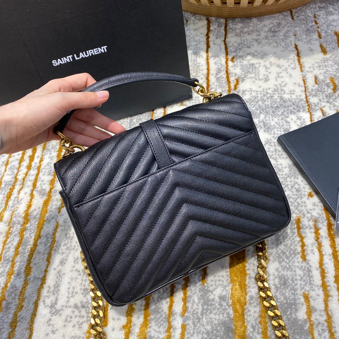 Luxury Saint Laurent YSL College Medium 24cm Black Quilted Calfskin Gold Hardware