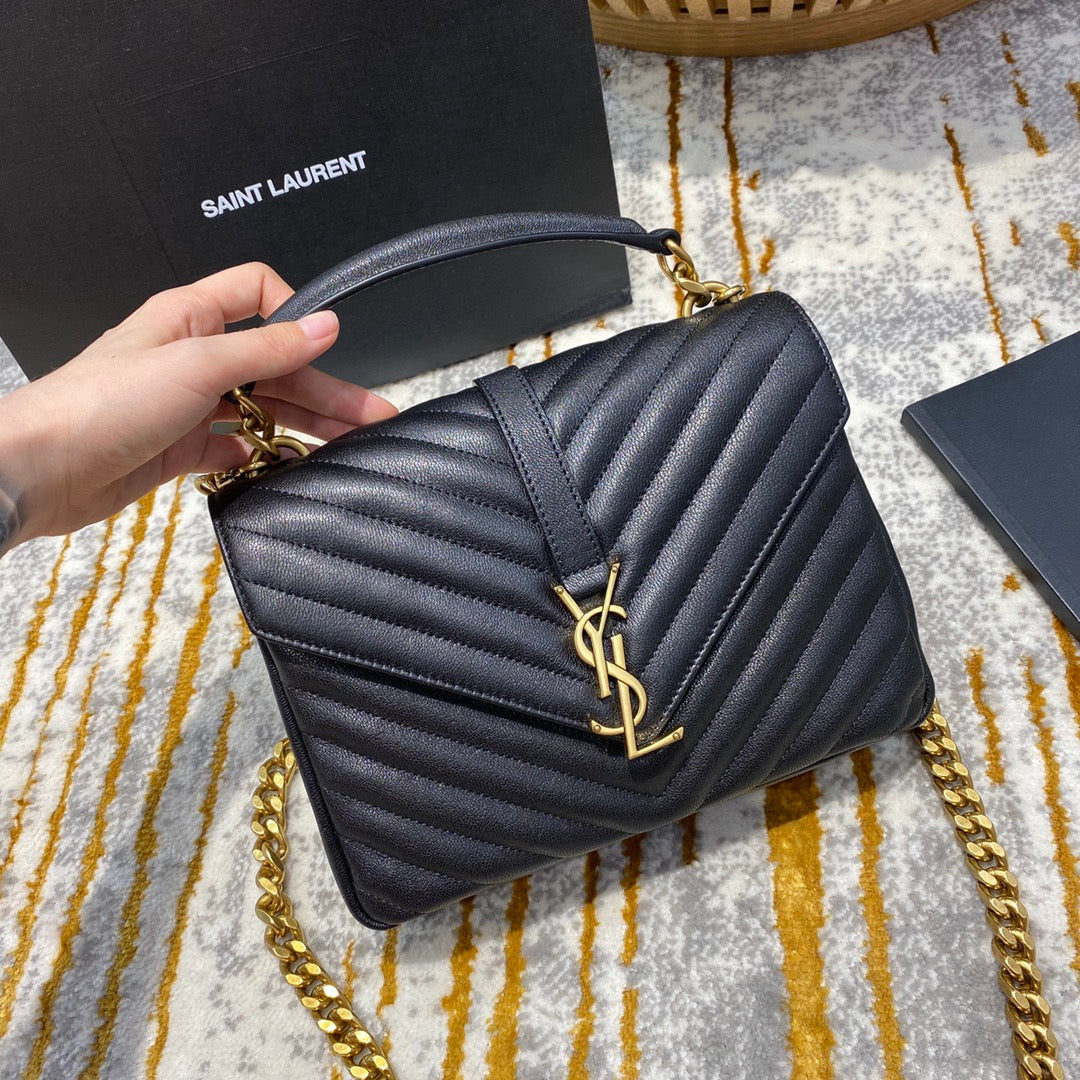 Luxury Saint Laurent YSL College Medium 24cm Black Quilted Calfskin Gold Hardware