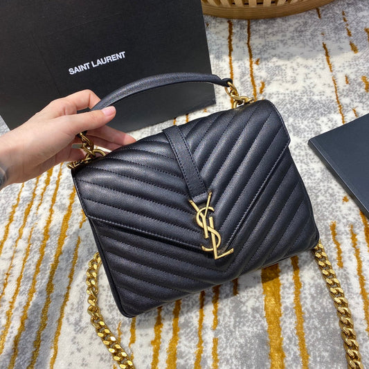 Luxury Saint Laurent YSL College Medium 24cm Black Quilted Calfskin Gold Hardware