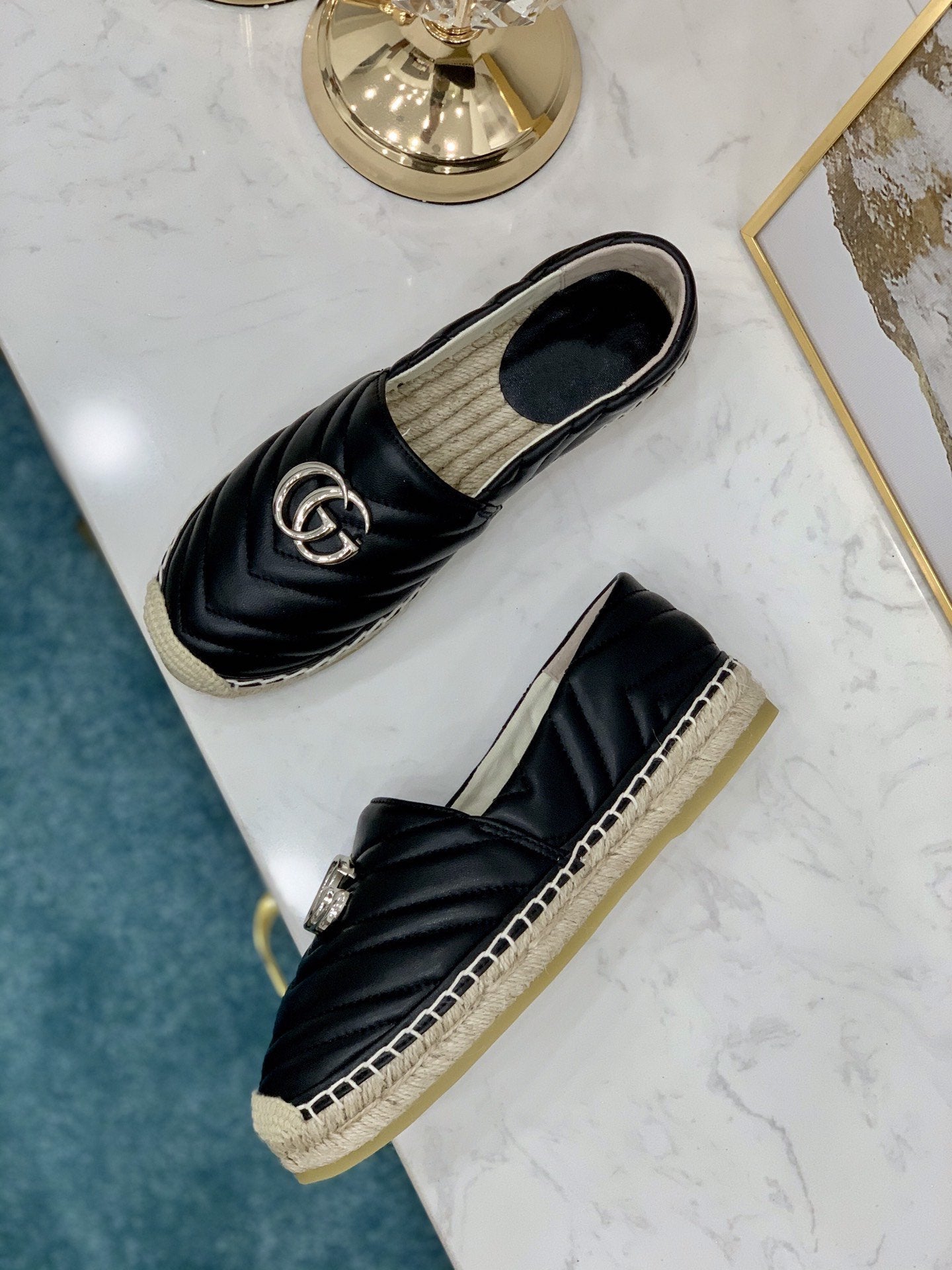 Luxury Gucci gg espadrilles black calfskin silver gg
