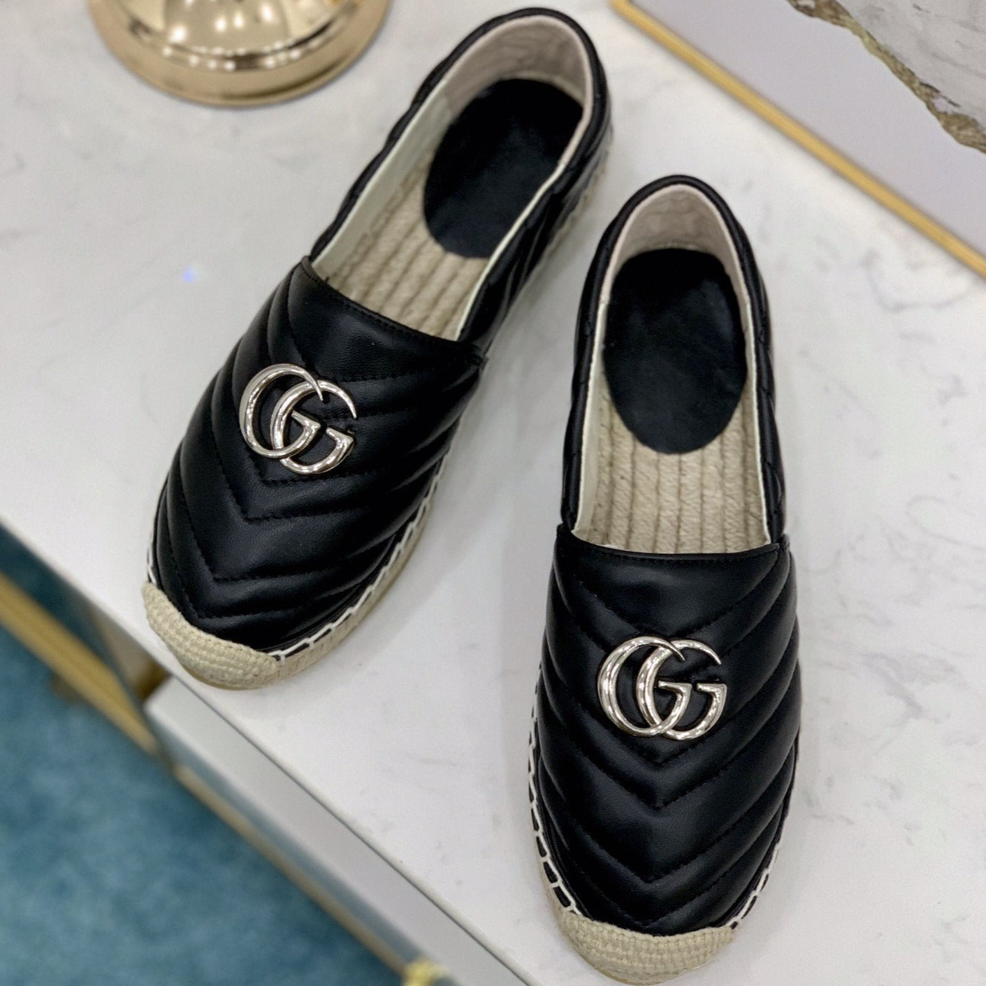 Luxury Gucci gg espadrilles black calfskin silver gg