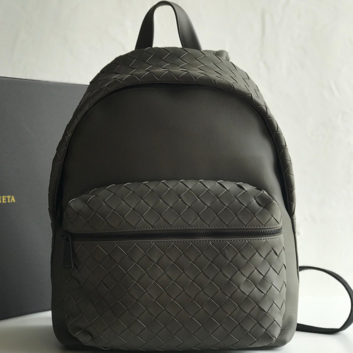Luxury Bottega Veneta SMALL INTRECCIATO 41 BACKPACK IN CHARCOAL BLACK CALFSKIN