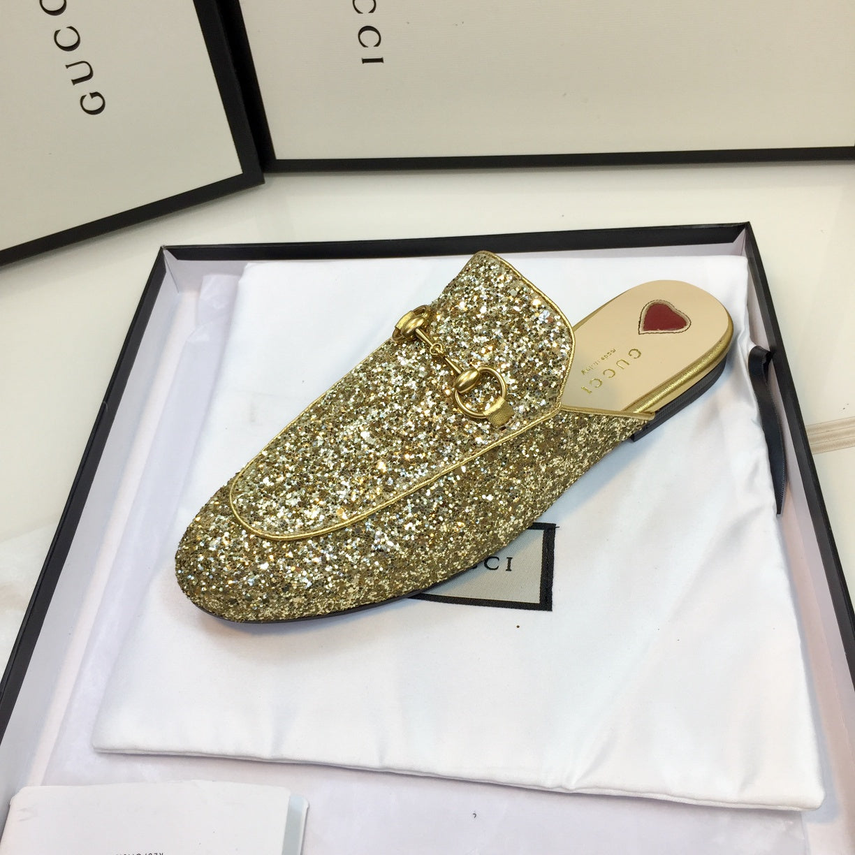 Luxury Gucci GG PrinceTown Gold Metalic Glitter Mule