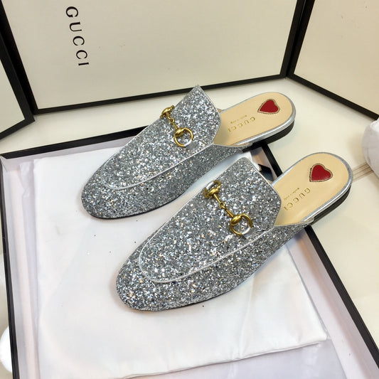 Luxury Gucci GG PrinceTown Silver Metalic Glitter Mule