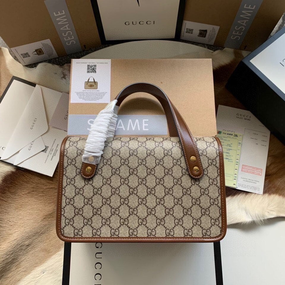 Luxury Gucci GG HORSEBIT 1955 SMALL 27 BAG IN BEIGE CANVAS AND BROWN CALFSKIN