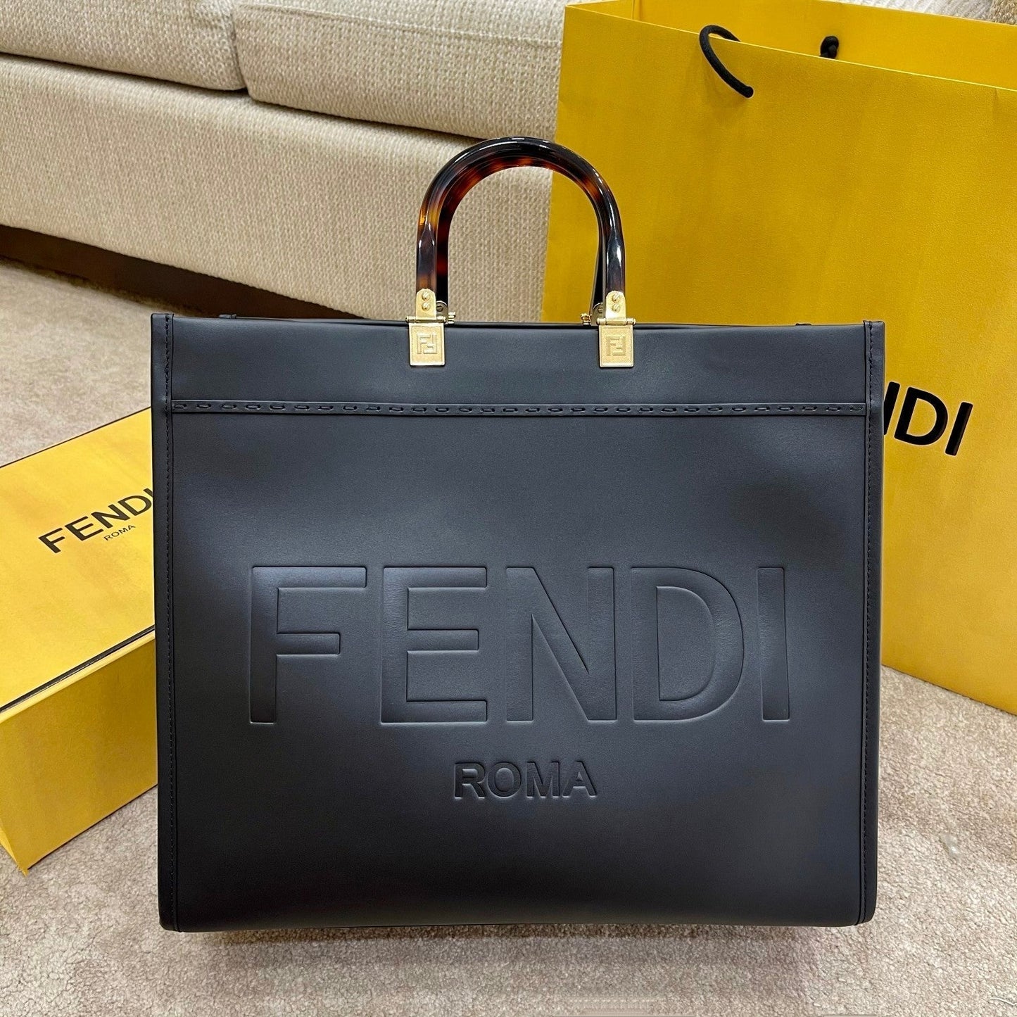 Luxury FendiSHINE 40 TOTE BAG IN BLACK EMBOSSED CALFSKIN