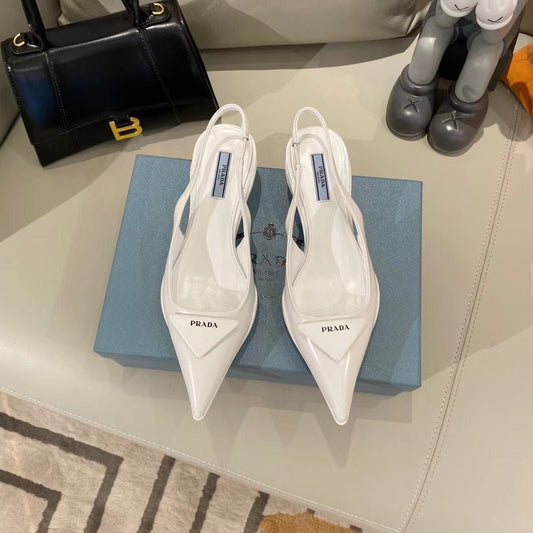 Luxury PradaTRIANGLE LOGO SLINGBACK PUMPS IN WHITE GLOSSY CALFSKIN