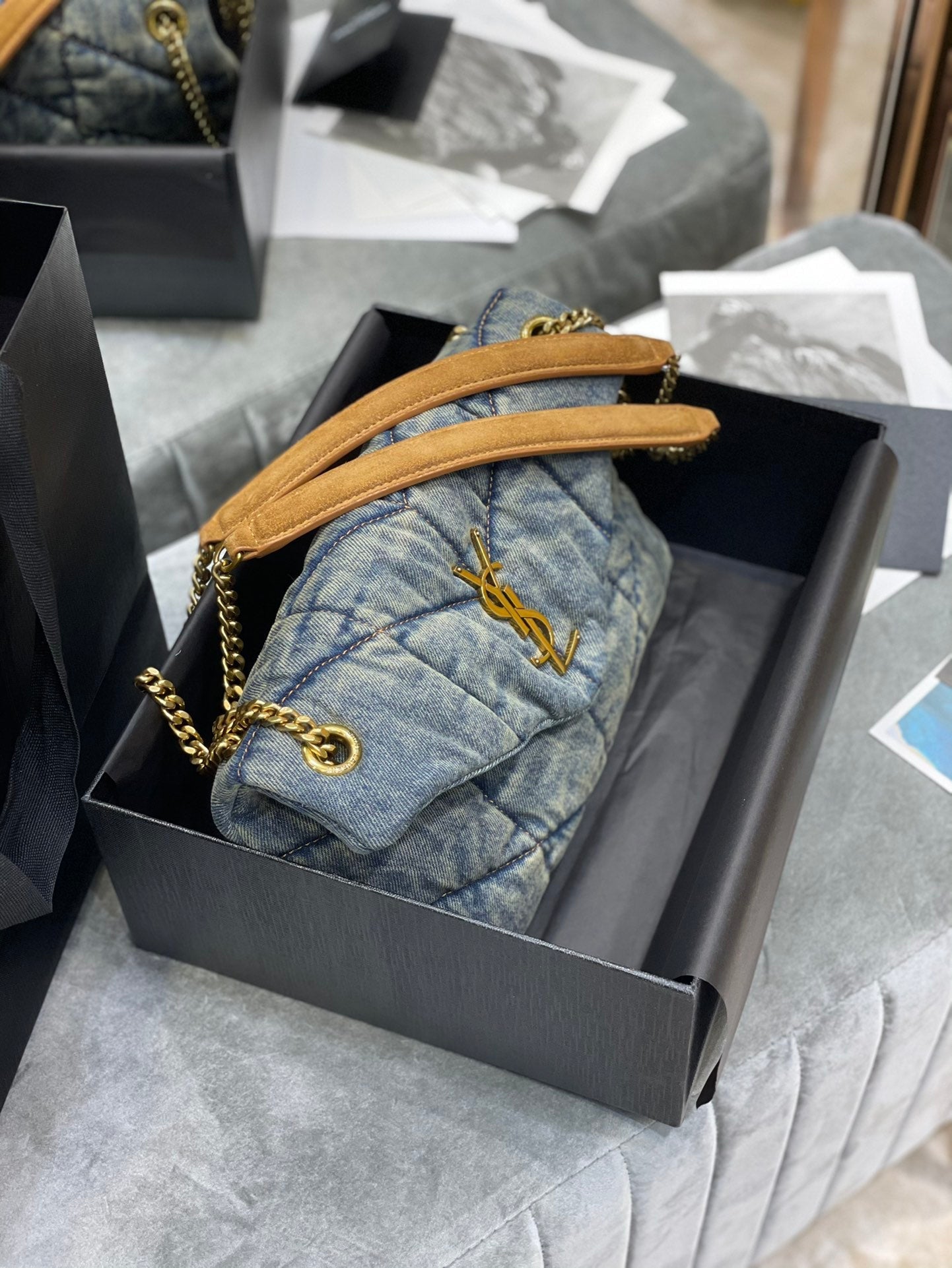 Luxury Saint Laurent LOULOU PUFFER SMALL 29CM RODEO BLUE SUEDE DENIM