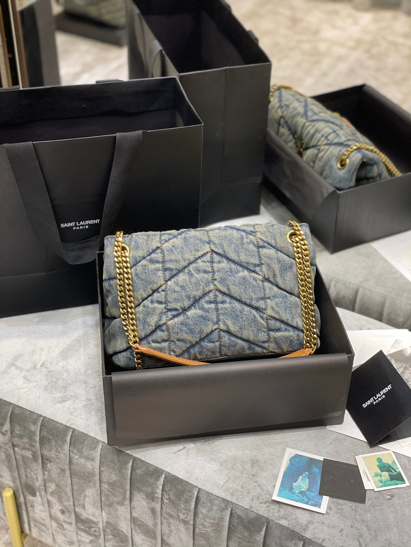 Luxury Saint Laurent LOULOU PUFFER SMALL 29CM RODEO BLUE SUEDE DENIM
