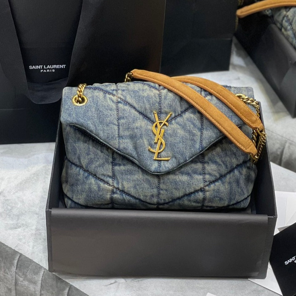 Luxury Saint Laurent LOULOU PUFFER SMALL 29CM RODEO BLUE SUEDE DENIM