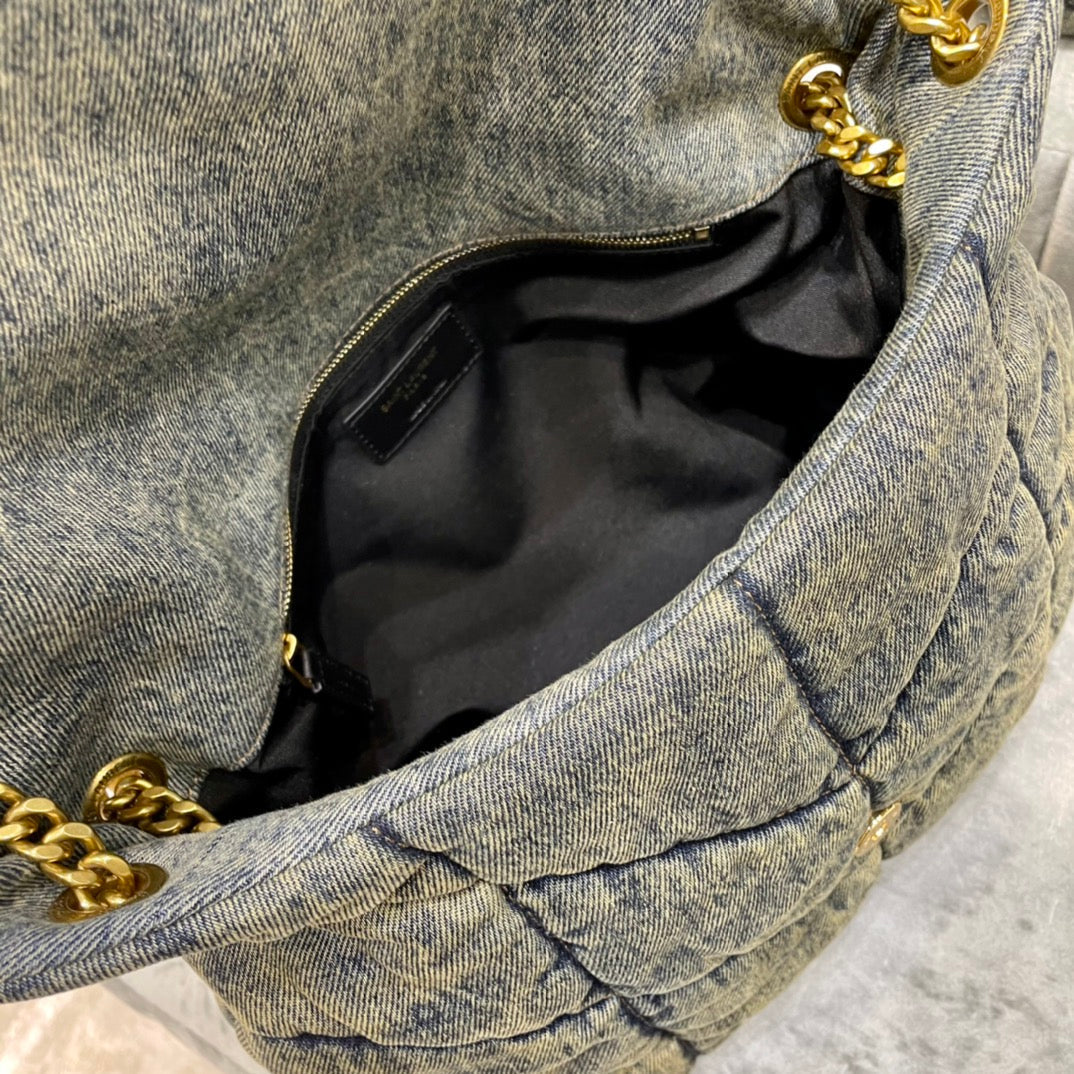 Luxury Saint Laurent LOULOU PUFFER MEDIUM 35CM RODEO BLUE SUEDE DENIM