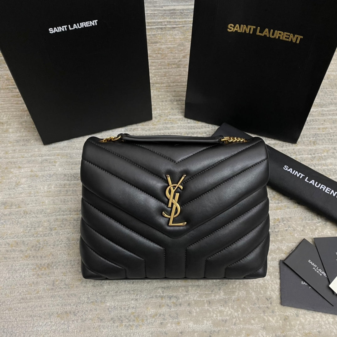 Luxury Saint Laurent LOULOU SMALL 25 IN BLACK LAMBSKIN GOLD HARDWARE