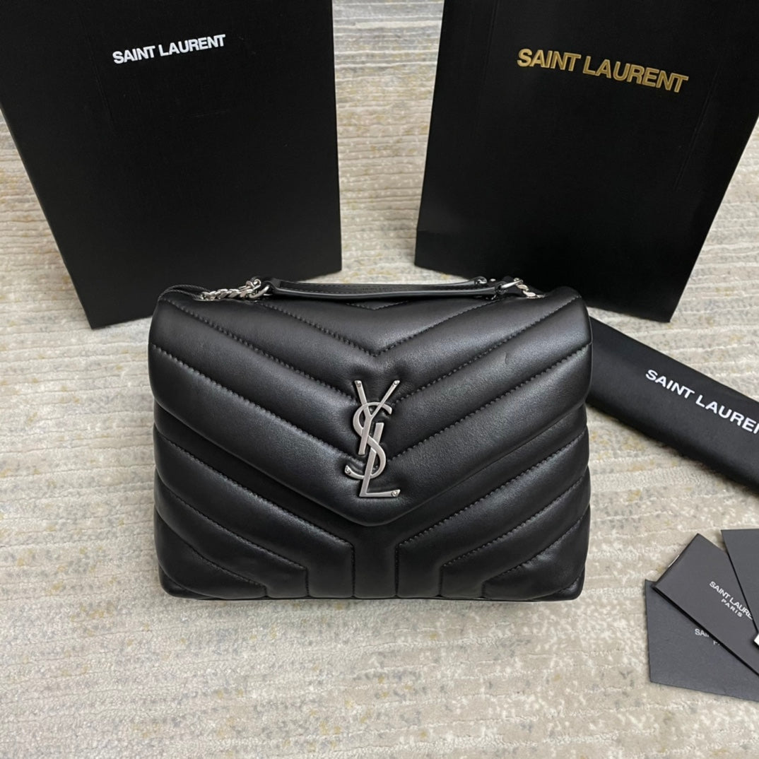 Luxury Saint Laurent LOULOU SMALL 25 IN BLACK LAMBSKIN SILVER HARDWARE