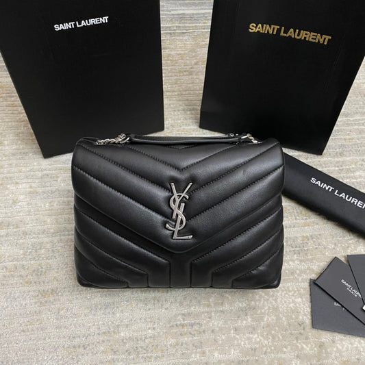 Luxury Saint Laurent LOULOU SMALL 25 IN BLACK LAMBSKIN SILVER HARDWARE