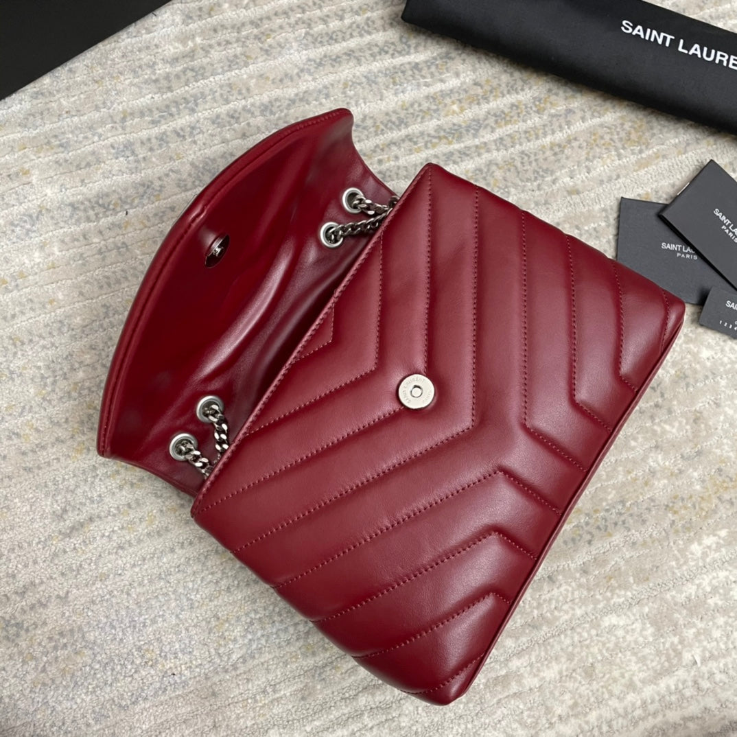 Luxury Saint Laurent LOULOU SMALL 25 IN BURGUNDY RED LAMBSKIN SILVER HARDWARE