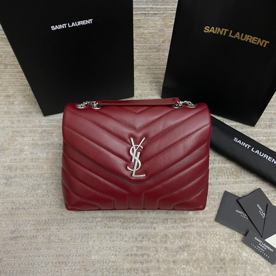 Luxury Saint Laurent LOULOU SMALL 25 IN BURGUNDY RED LAMBSKIN SILVER HARDWARE