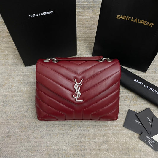 Luxury Saint Laurent LOULOU SMALL 25 IN BURGUNDY RED LAMBSKIN SILVER HARDWARE