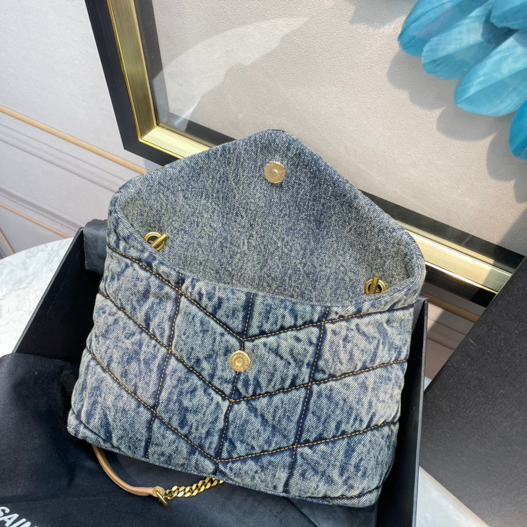 Luxury Saint Laurent LOULOU PUFFER MINI 23 RODEO BLUE SUEDE DENIM